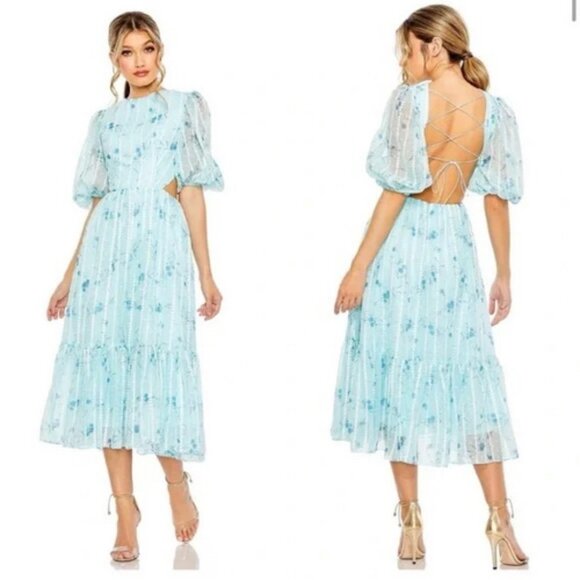 Ieena Mac Duggal Blue Lace Up Puff Sleeve Floral Midi Dress